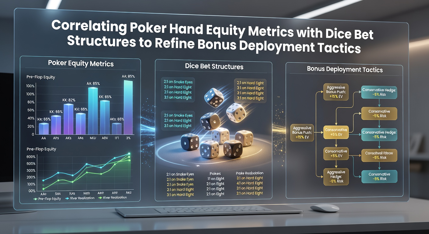 Poker hand equity charts alongside dice bet payout tables used for bonus strategy analysis