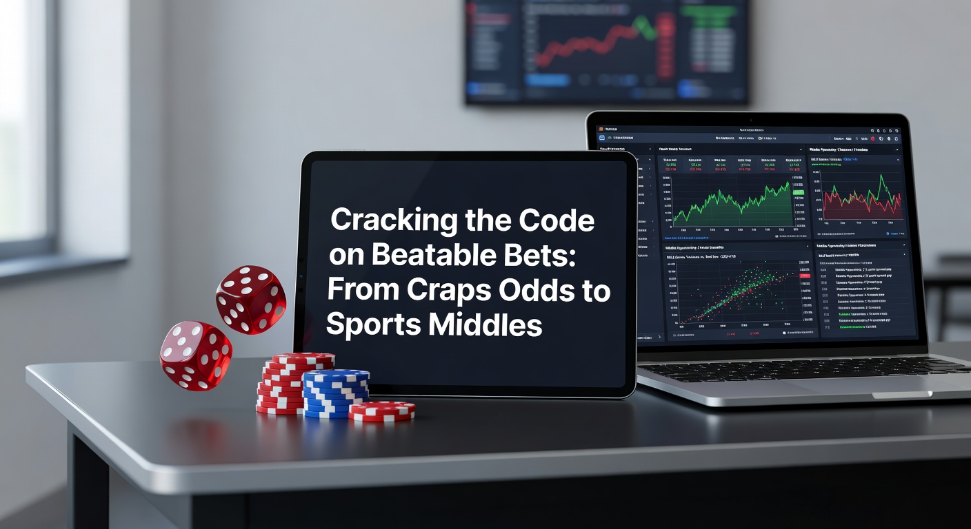 Casino craps table with chips stacked on odds bets, illustrating low-house-edge plays alongside a sports betting screen showing line movements