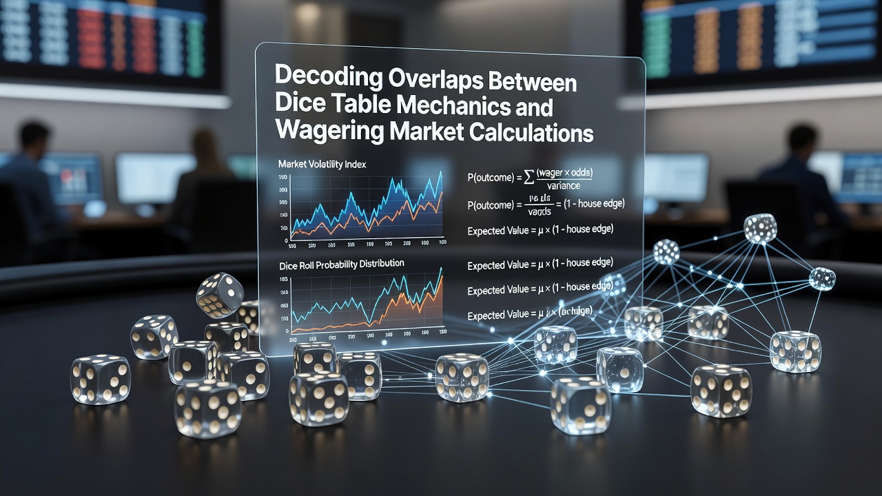 Dice table layout with probability charts overlaid on betting market graphs showing overlapping calculation methods