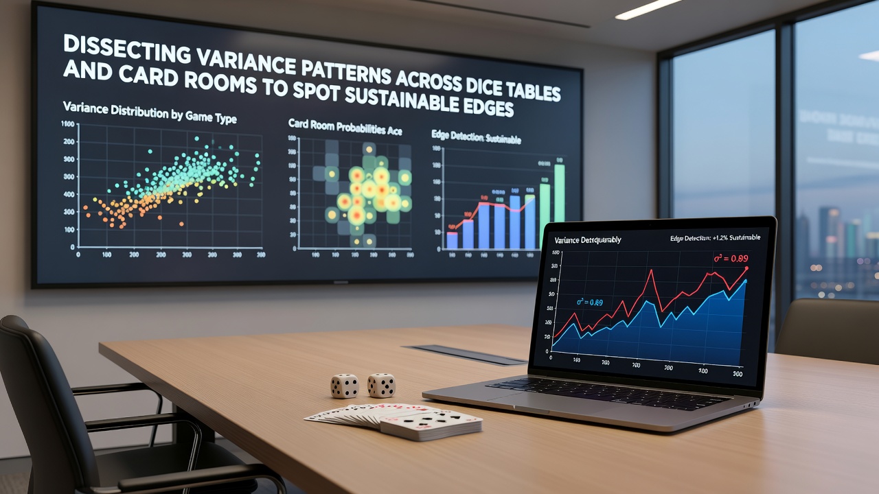 Statistical charts comparing variance across dice and card game sessions