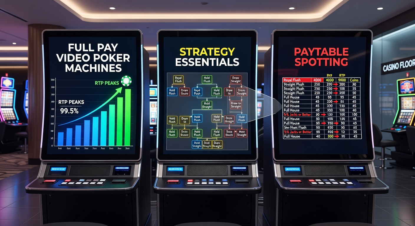 Close-up of a video poker machine screen displaying a full pay Jacks or Better paytable with highlighted payouts for full house and flush