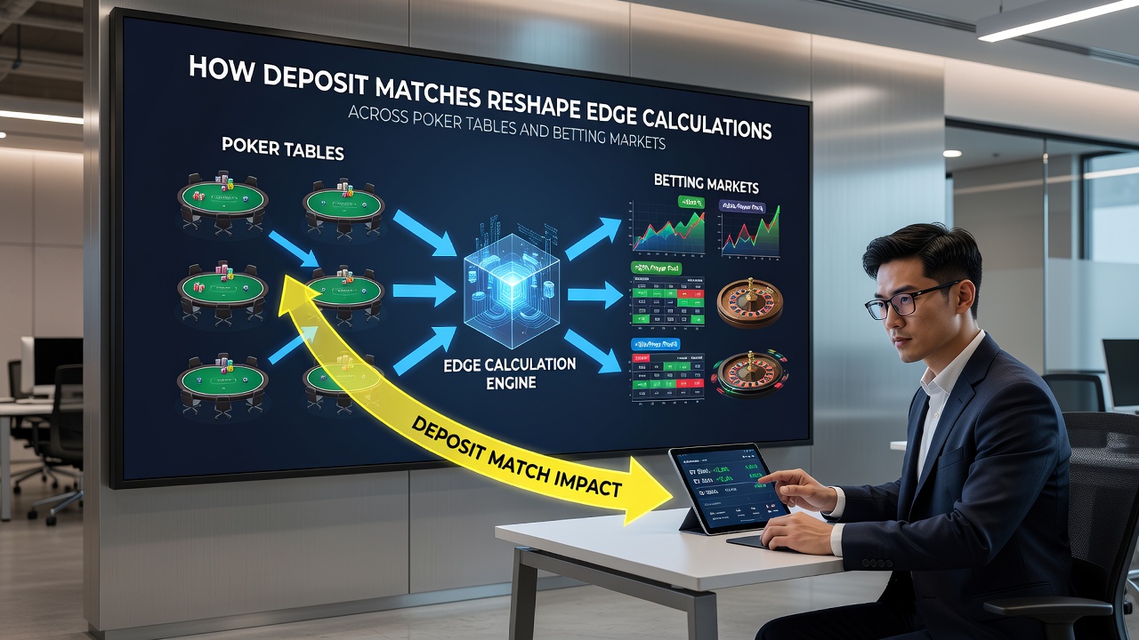 Betting market dashboard displaying edge recalculations influenced by deposit match promotions