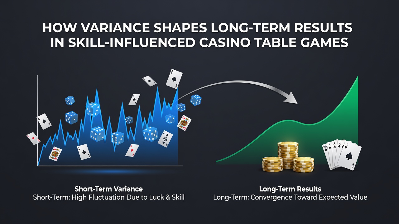 Illustration showing variance fluctuations in casino table games with skill elements like blackjack and poker charts