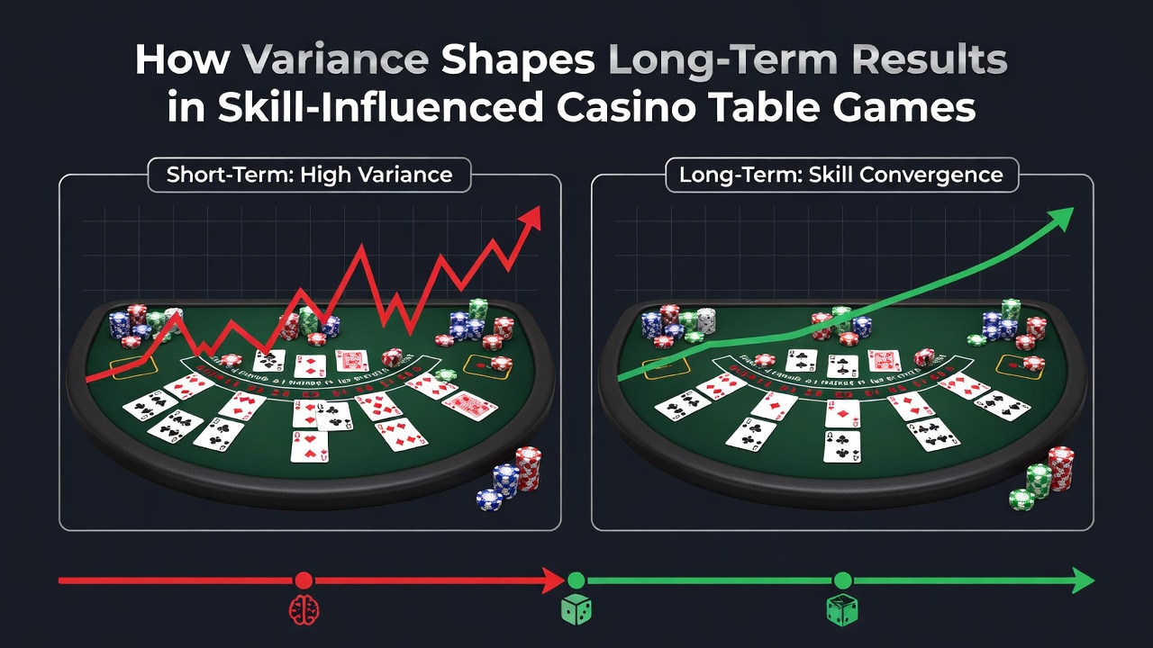 Chart displaying long-term convergence of results in skill-influenced table games despite short-term variance spikes