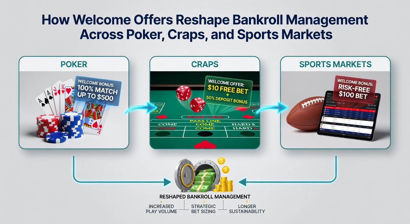 Visual breakdown of bankroll allocation strategies using welcome offers across poker tables, craps layouts, and sports betting interfaces