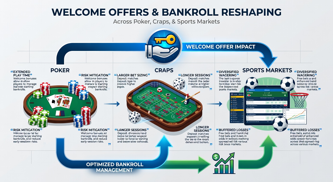 Illustration of craps table layout highlighting odds bet placement alongside sports betting slip and poker chip stacks