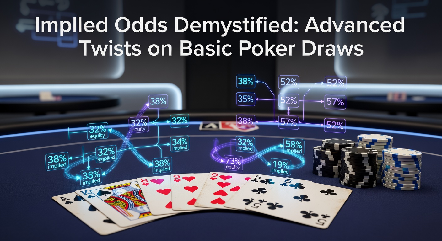 Poker players analyzing implied odds at a tournament table, chips stacked high amid intense focus