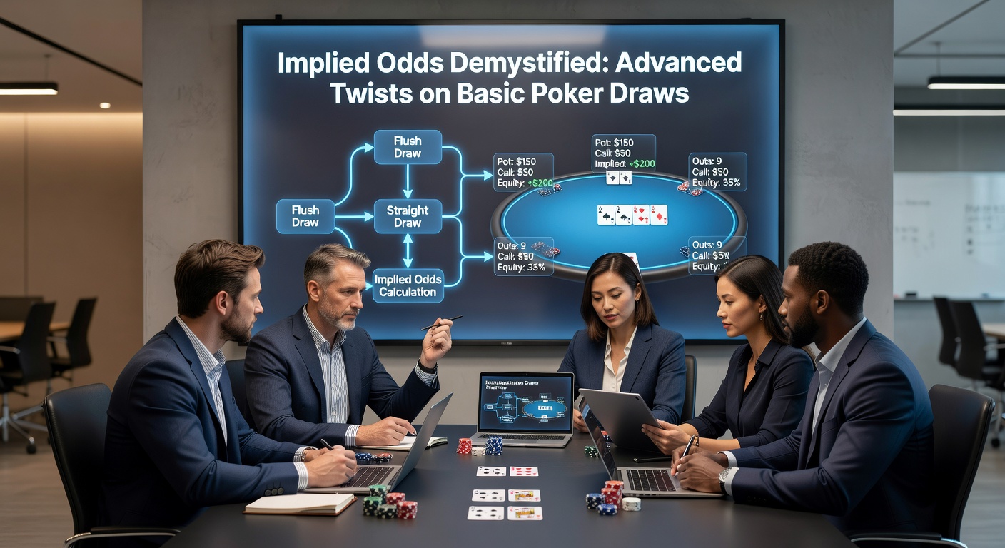 Close-up of a poker hand diagram illustrating multi-way pot implied odds calculations with chips and cards