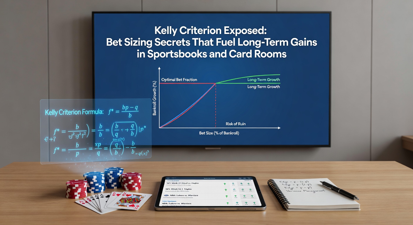 Poker player at card room table analyzing bet sizes with Kelly Criterion formula on notepad, bankroll growth chart in background