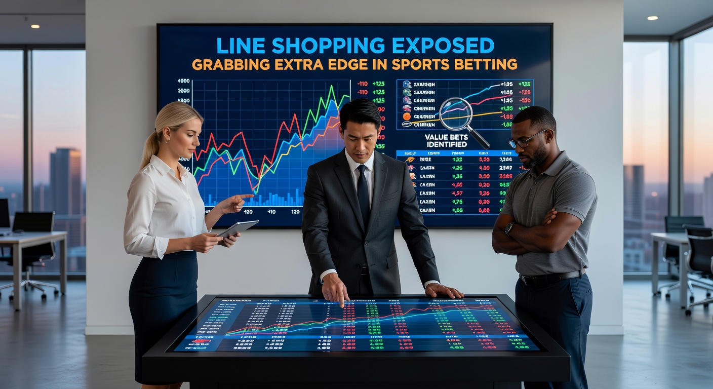 Sports bettors comparing odds across multiple sportsbooks on digital screens, highlighting line shopping in action