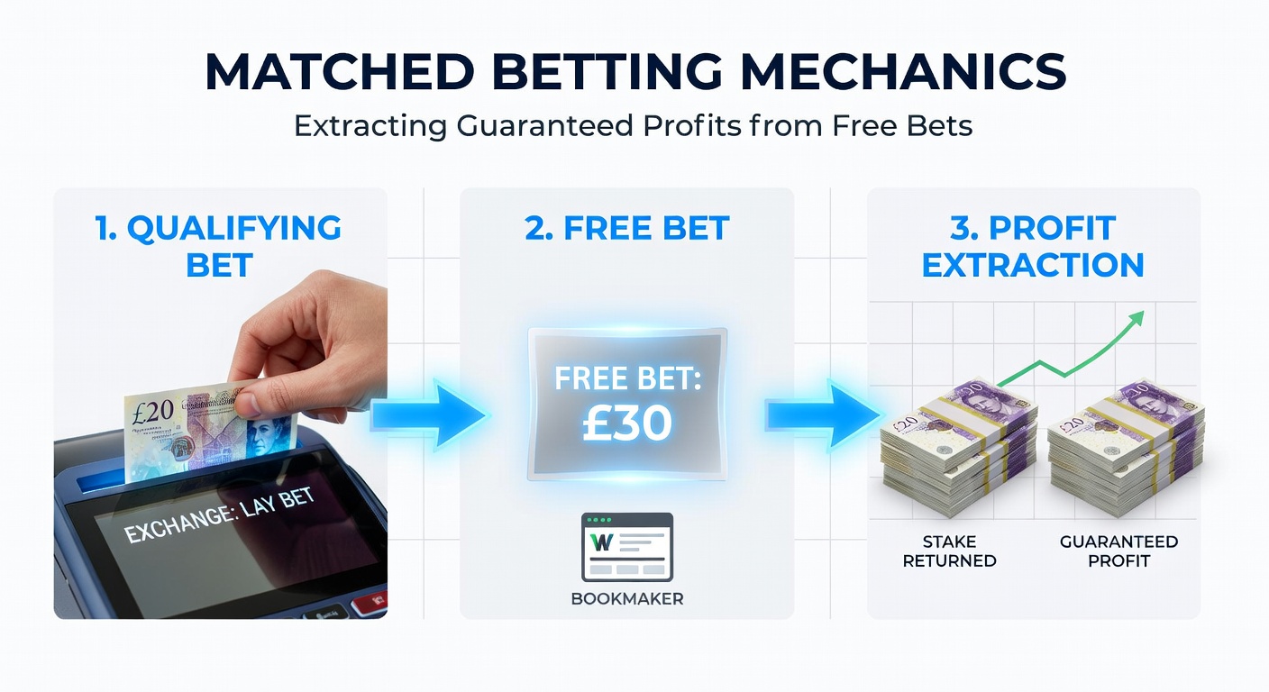 Diagram illustrating a typical matched betting setup with back and lay bets on a betting exchange