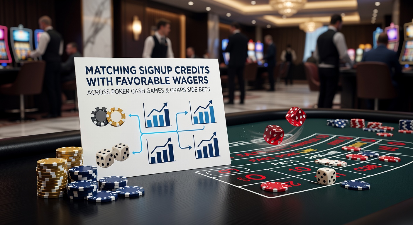 Poker cash game table featuring chips, cards, and promotional bonus graphics overlaid on the felt