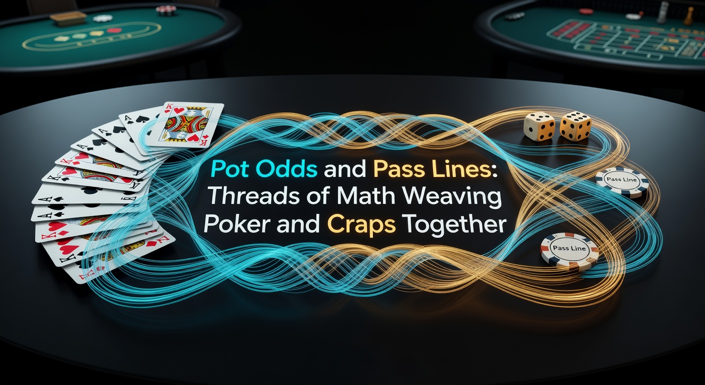 Poker chips stacked beside a craps table layout, illustrating the shared math of pot odds and pass lines
