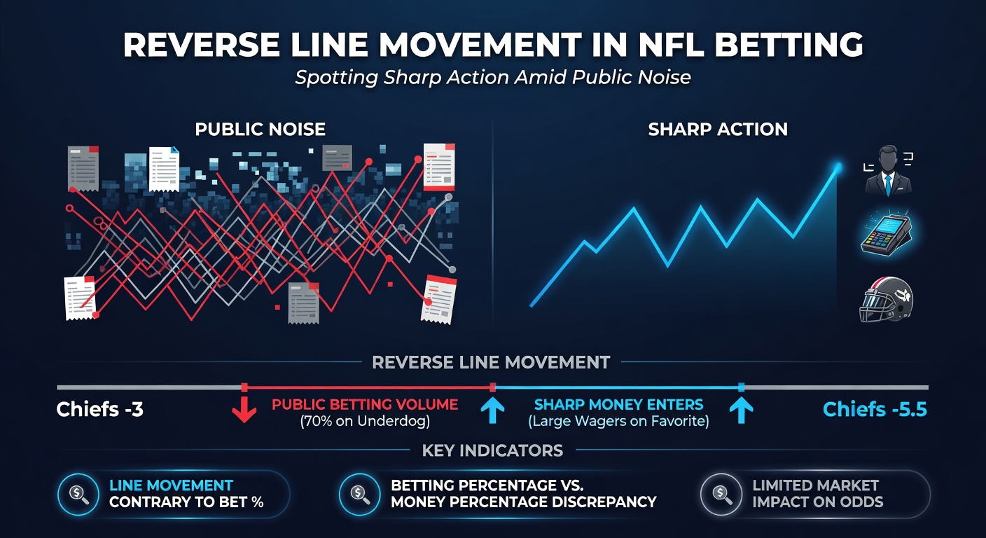 Graph illustrating reverse line movement trends in NFL games, with lines moving against heavy public betting percentages