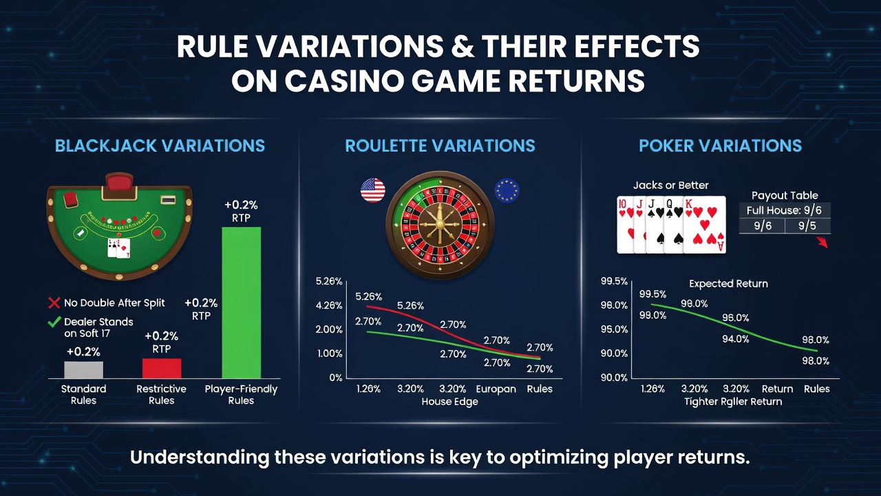 Diagram showing different casino table layouts with highlighted rule differences affecting player returns