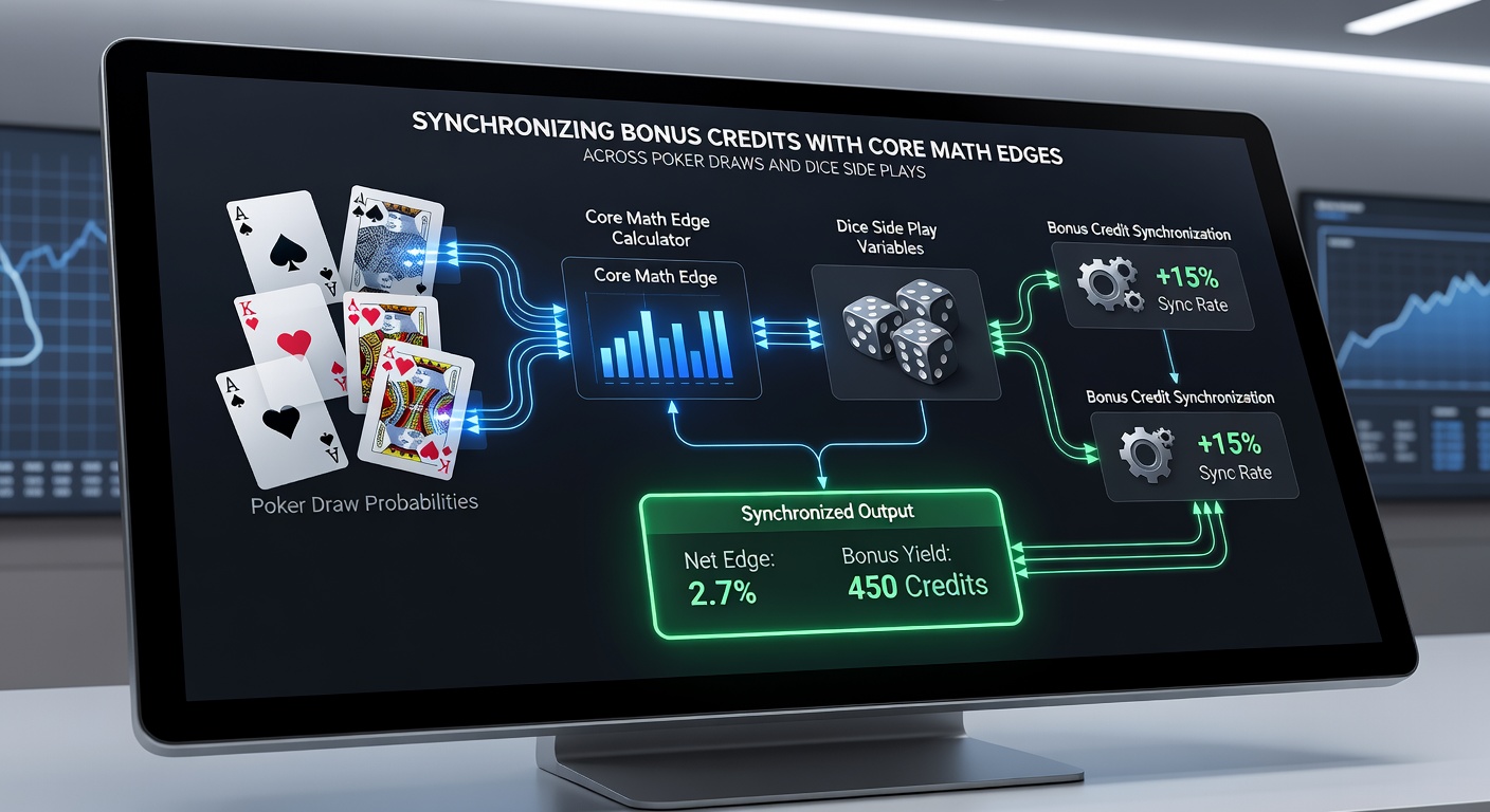 Close-up view of synchronized bonus tracking interface displaying poker draw probabilities next to dice side bet calculations