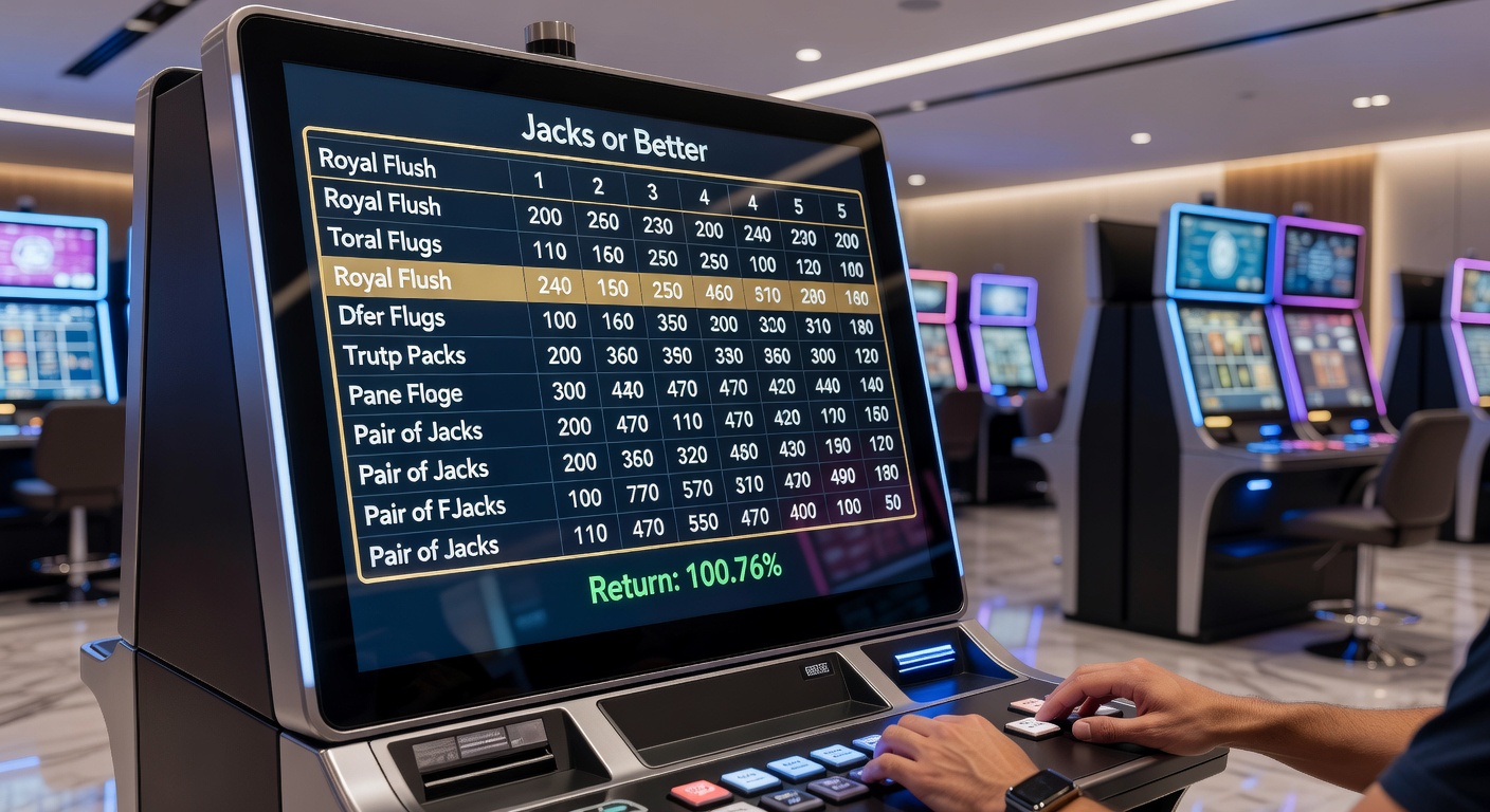 Player at a bustling casino floor examining a video poker paytable chart on a handheld device, with multiple machines in the background under bright lights