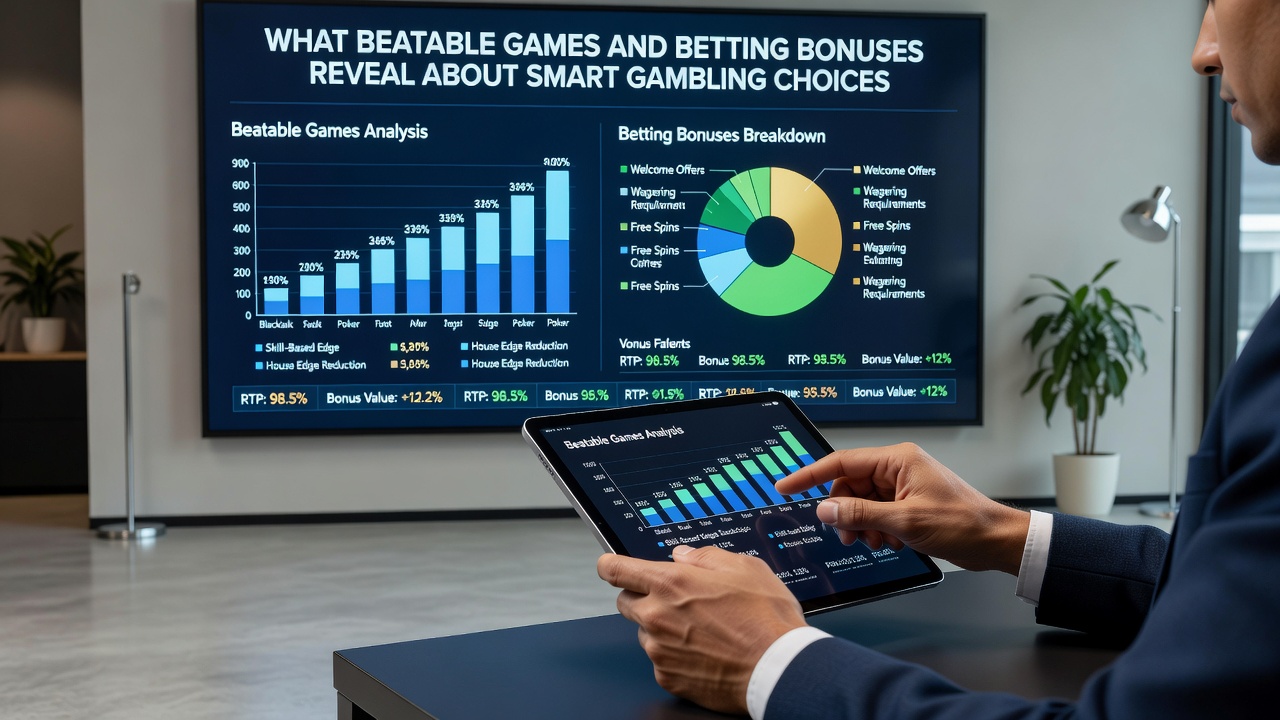 Close-up view of bonus terms displayed on a tablet screen alongside playing cards and chips